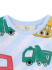 Close-up of the light blue crew neckline beside green dump truck and yellow excavator prints