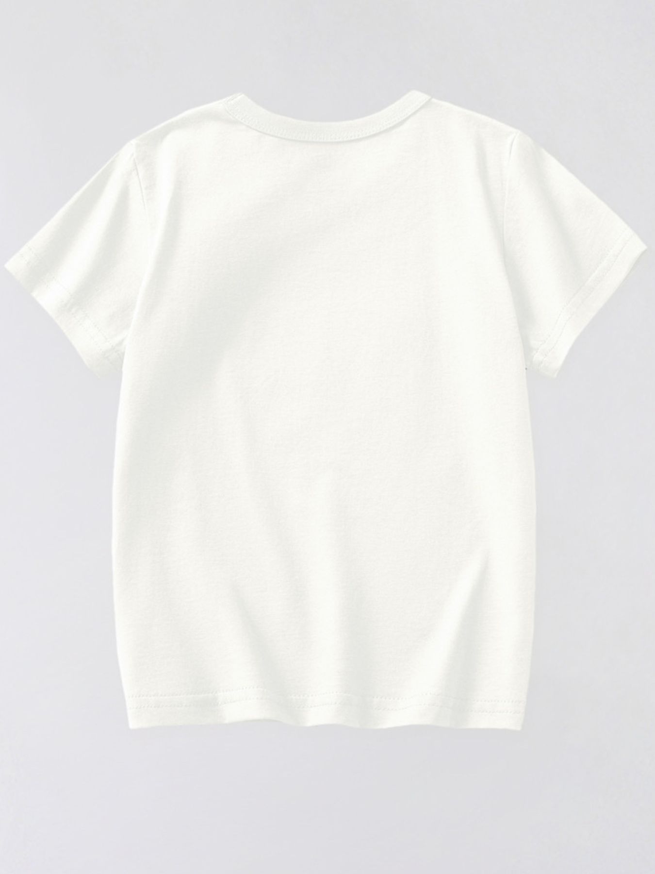 Back view of a plain white children's short sleeve t-shirt against a light background