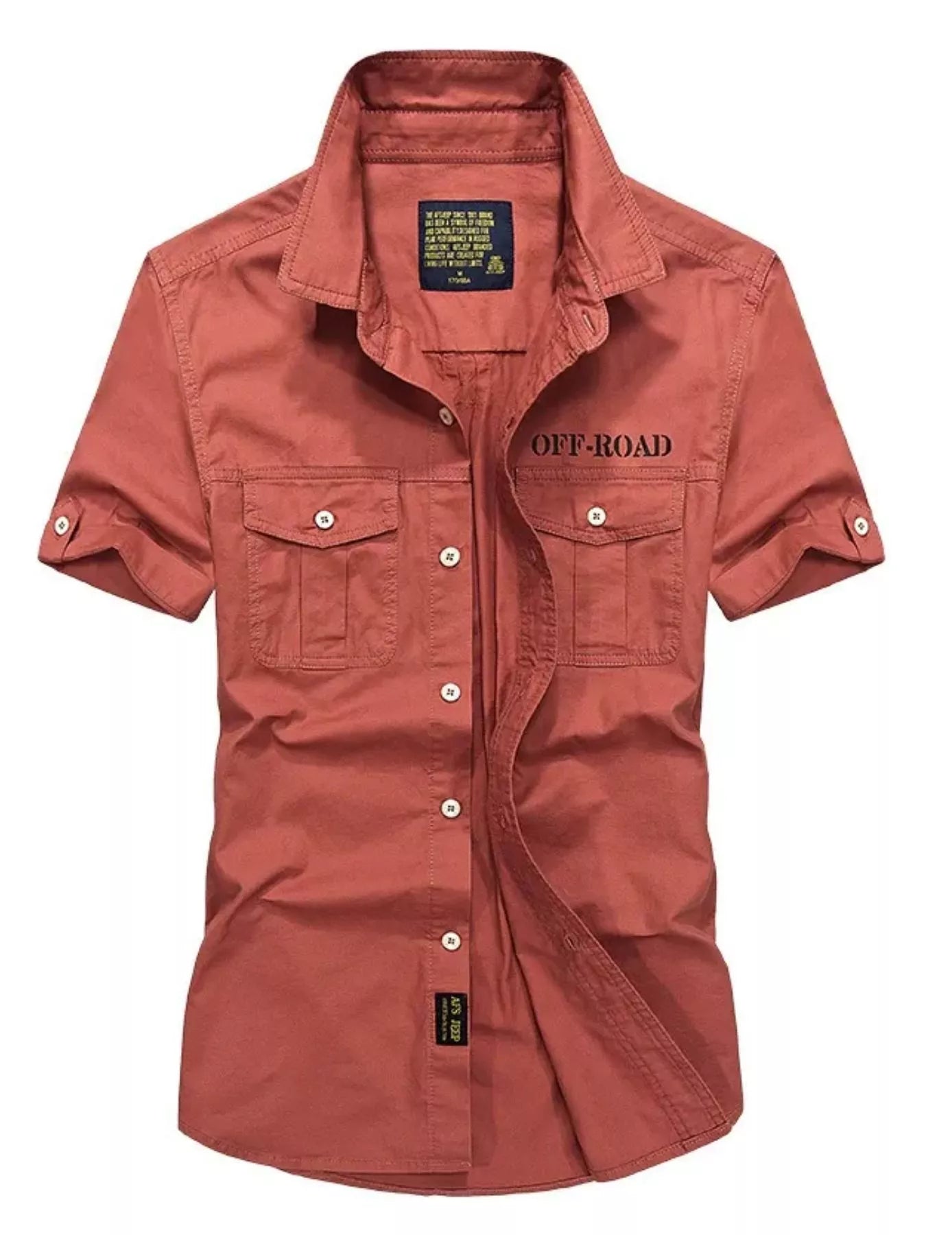 Men's casual short-sleeve button-up shirt with pocket detailing.