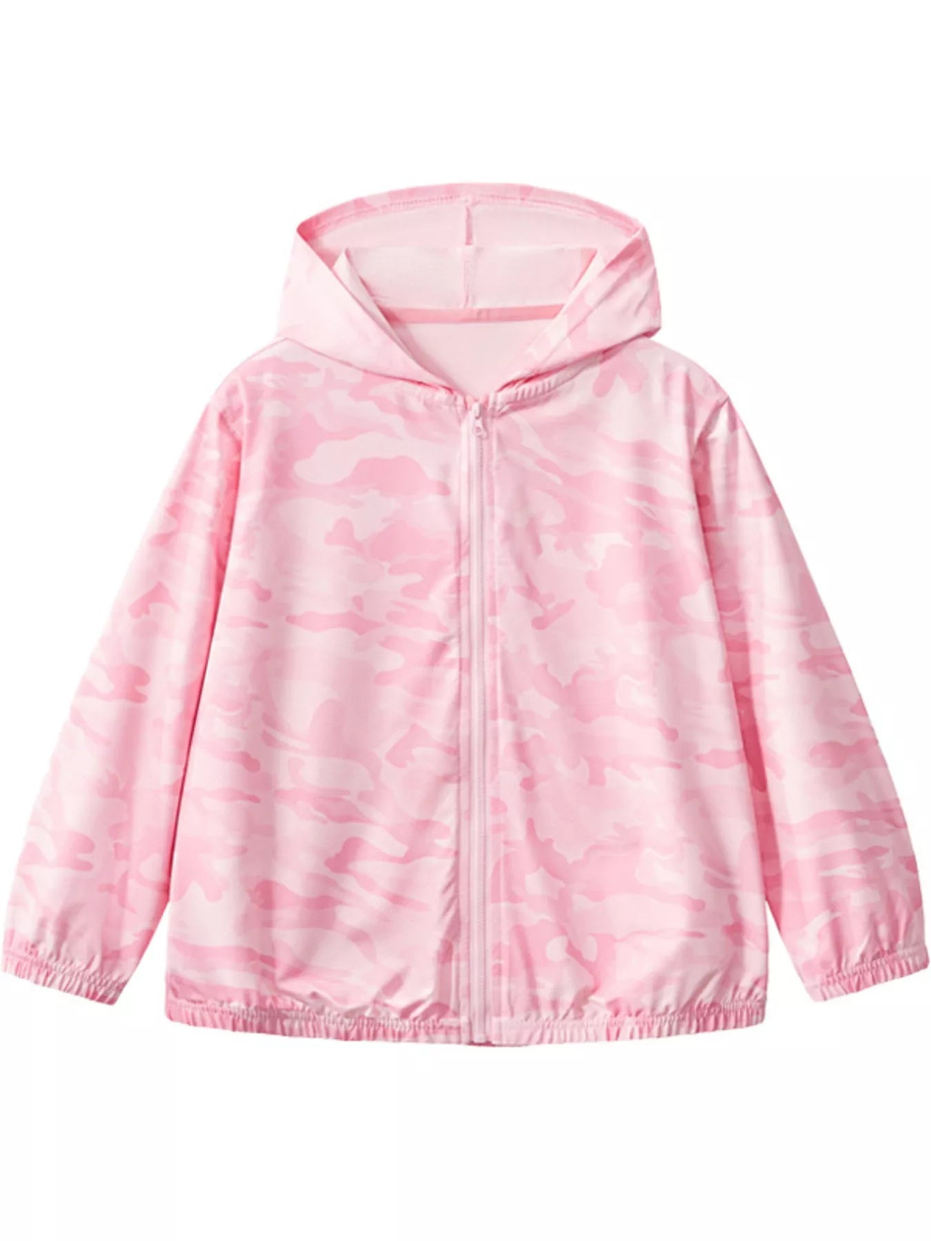 Front view of the blush pink camouflage children's hooded jacket with full zip and elastic cuffs