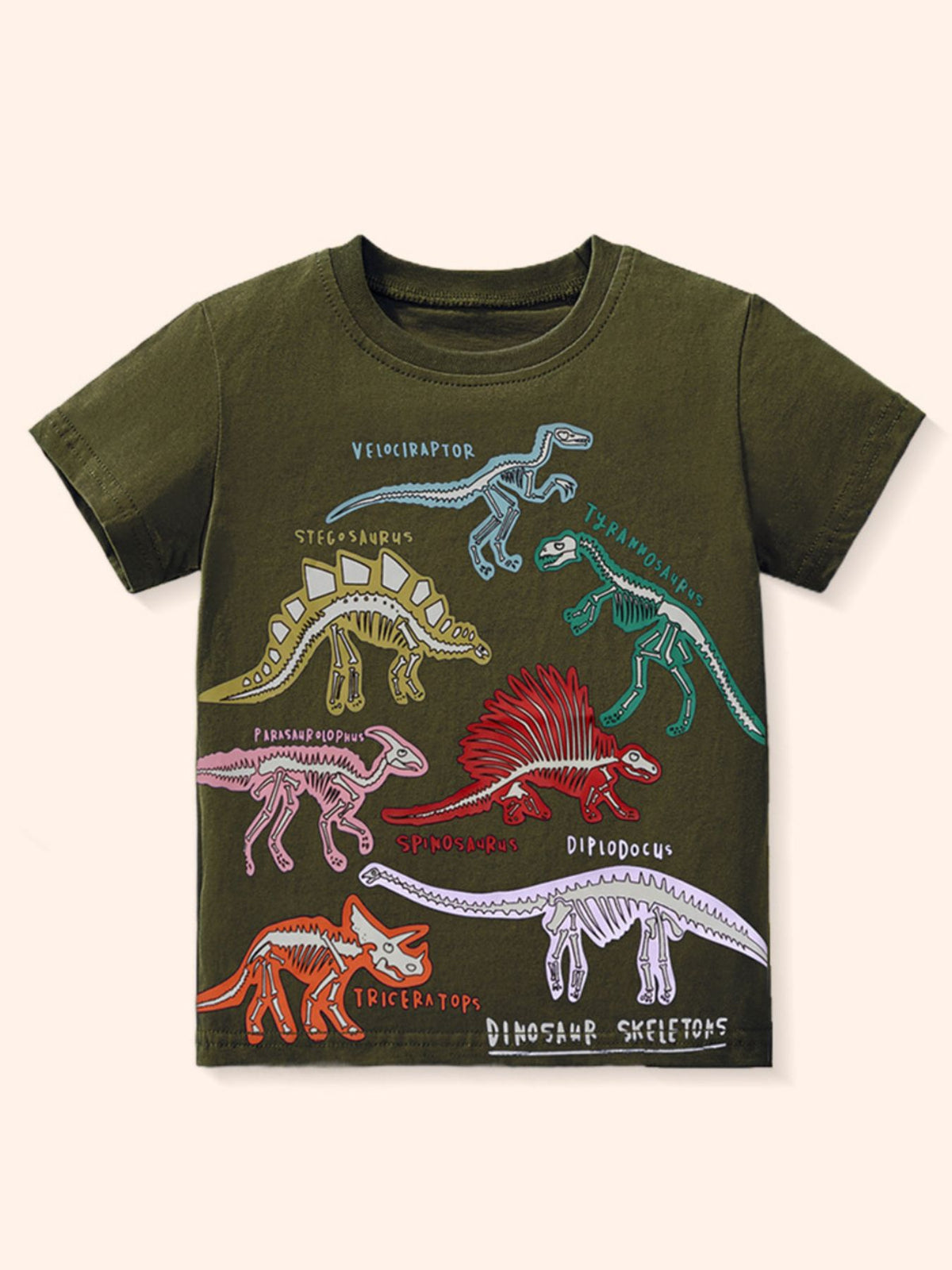 Army green children's short sleeve T-shirt with a colorful print of labeled dinosaur skeletons