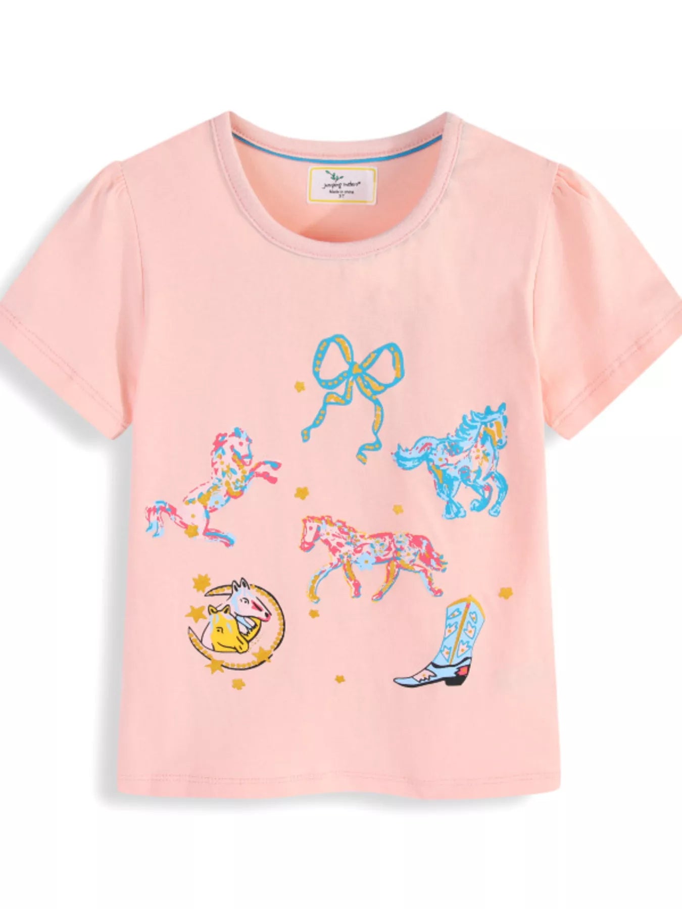 Flat front view of a pink children's short sleeve tee with horses a bow and a cowboy boot