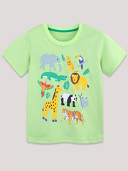Children's neon green round-neck T-shirt featuring an animal print.