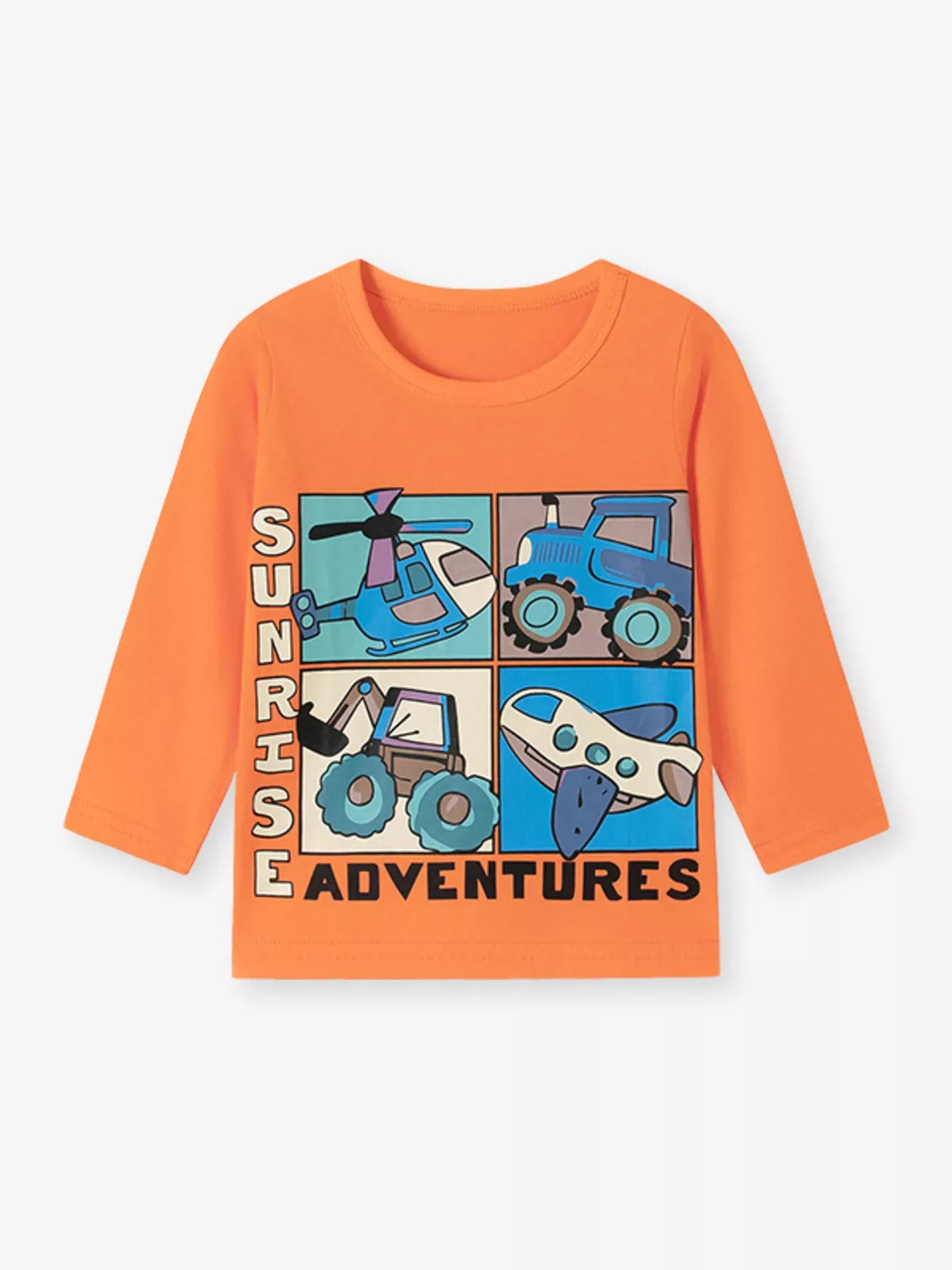 Flat lay front view of a children's orange long sleeve tee with helicopter tractor excavator and airplane graphics