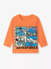 Flat lay front view of a children's orange long sleeve tee with helicopter tractor excavator and airplane graphics