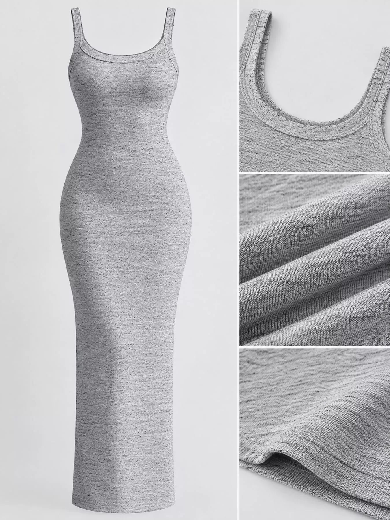 Grey sleeveless bodycon maxi dress with close ups of neckline fabric texture and hem