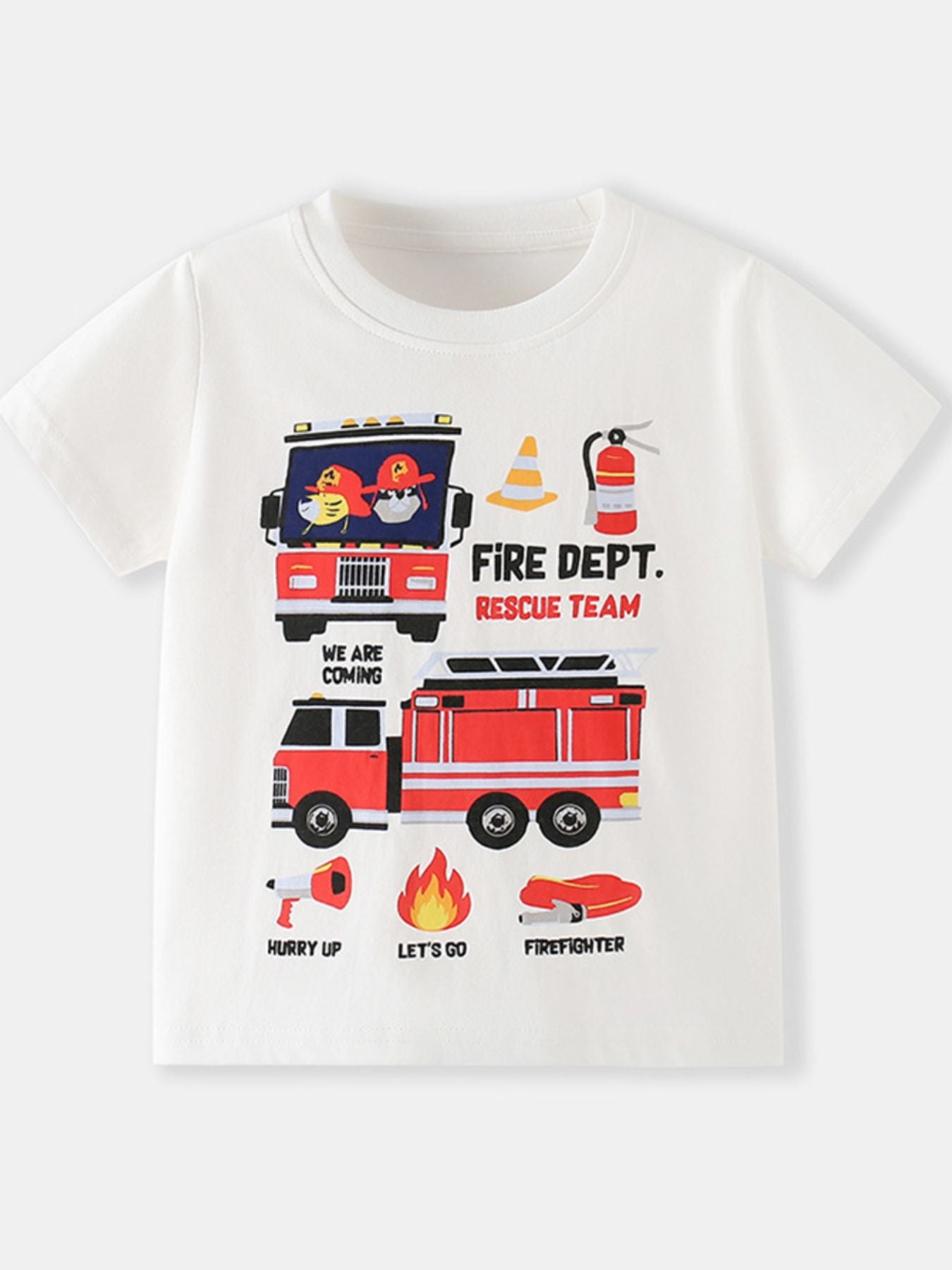 Flat front view of white children's t-shirt with red fire truck rescue graphics