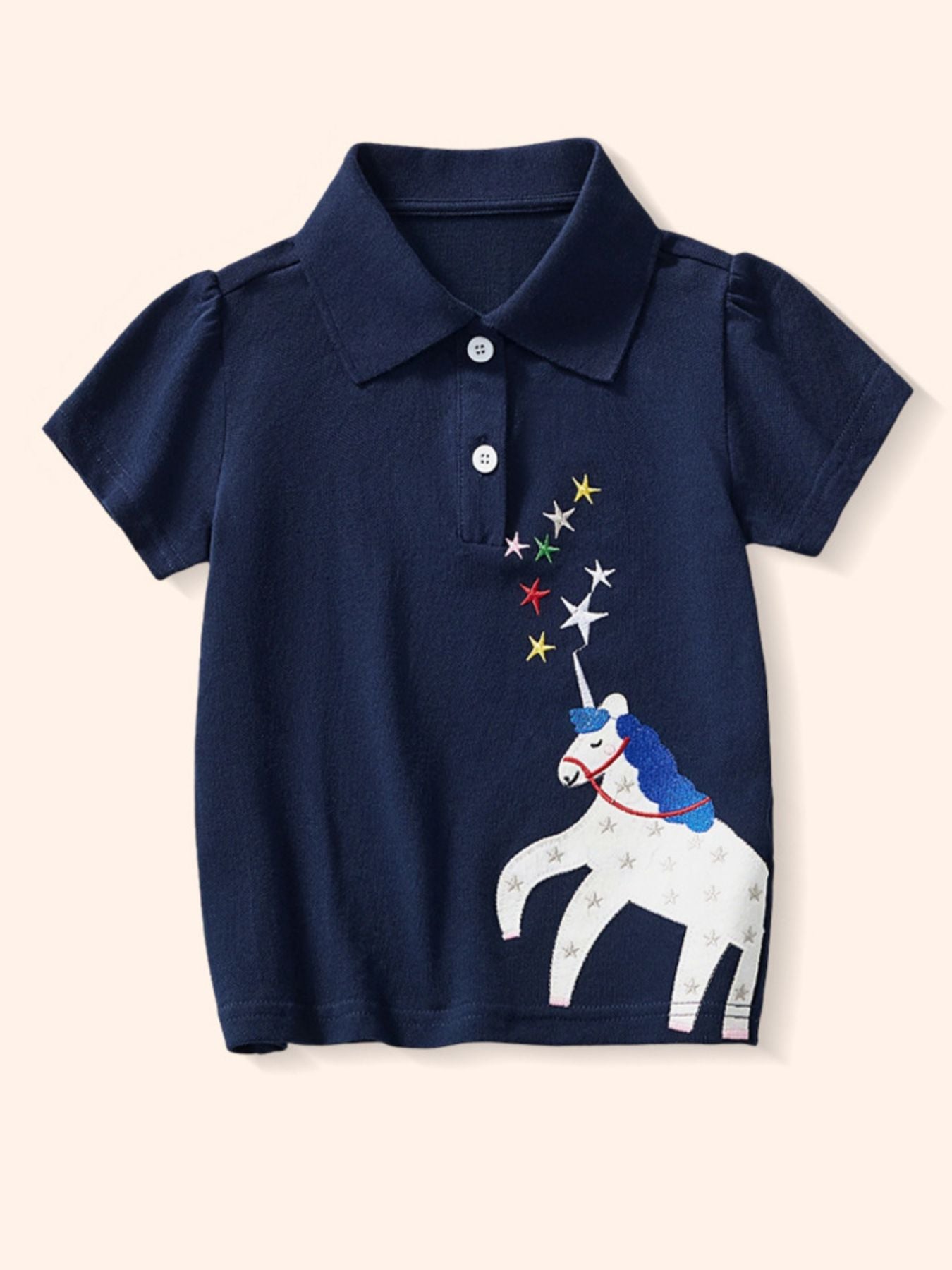 Dark navy children's short sleeve polo with a white unicorn and colorful stars