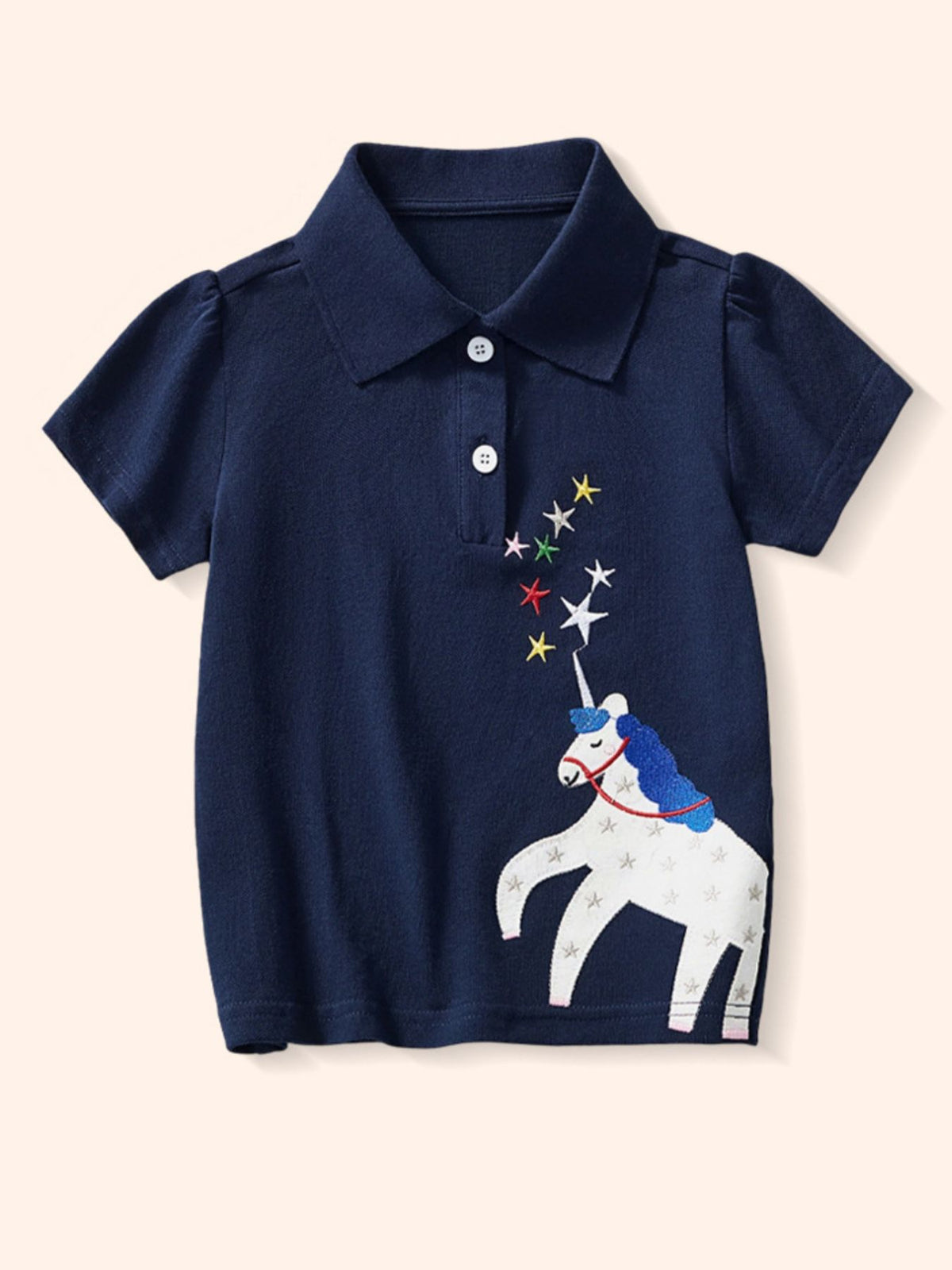 Dark navy children's short sleeve polo with a white unicorn and colorful stars