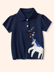 Dark navy children's short sleeve polo with a white unicorn and colorful stars