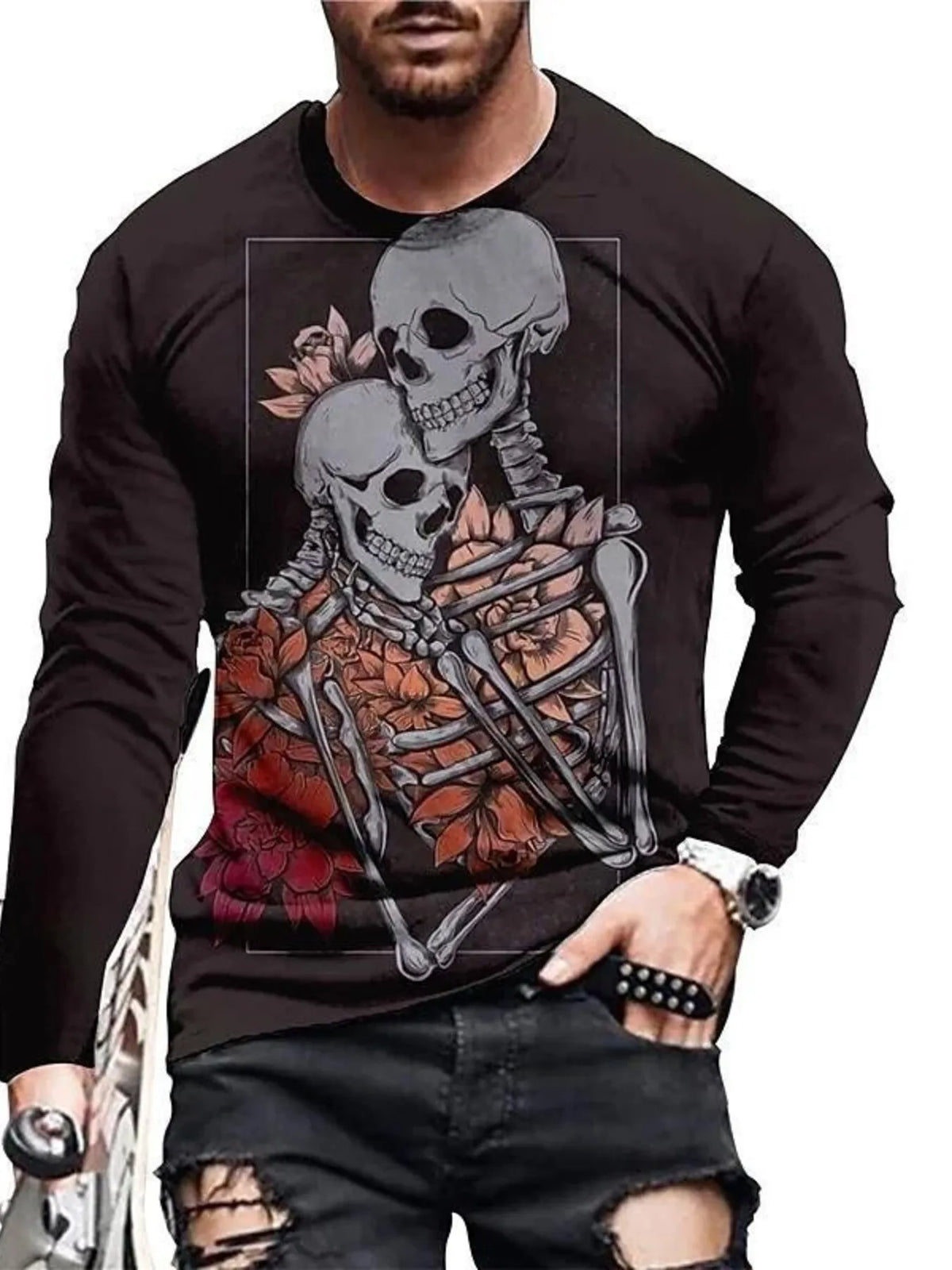 Men's long-sleeve T-shirt made from a slightly stretchy cotton-spandex blend.