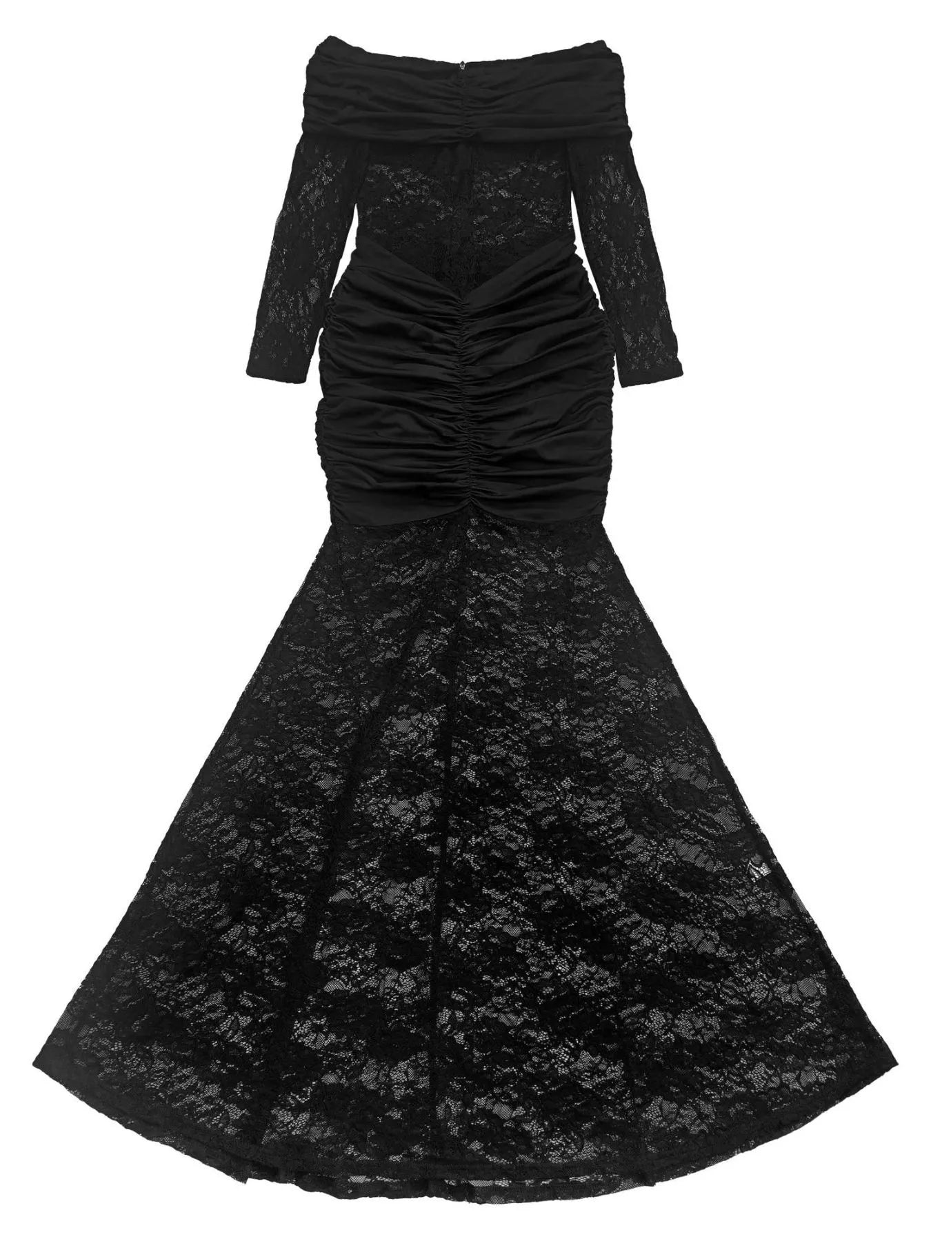 Black off shoulder ruched maxi dress laid flat, front view showing lace skirt