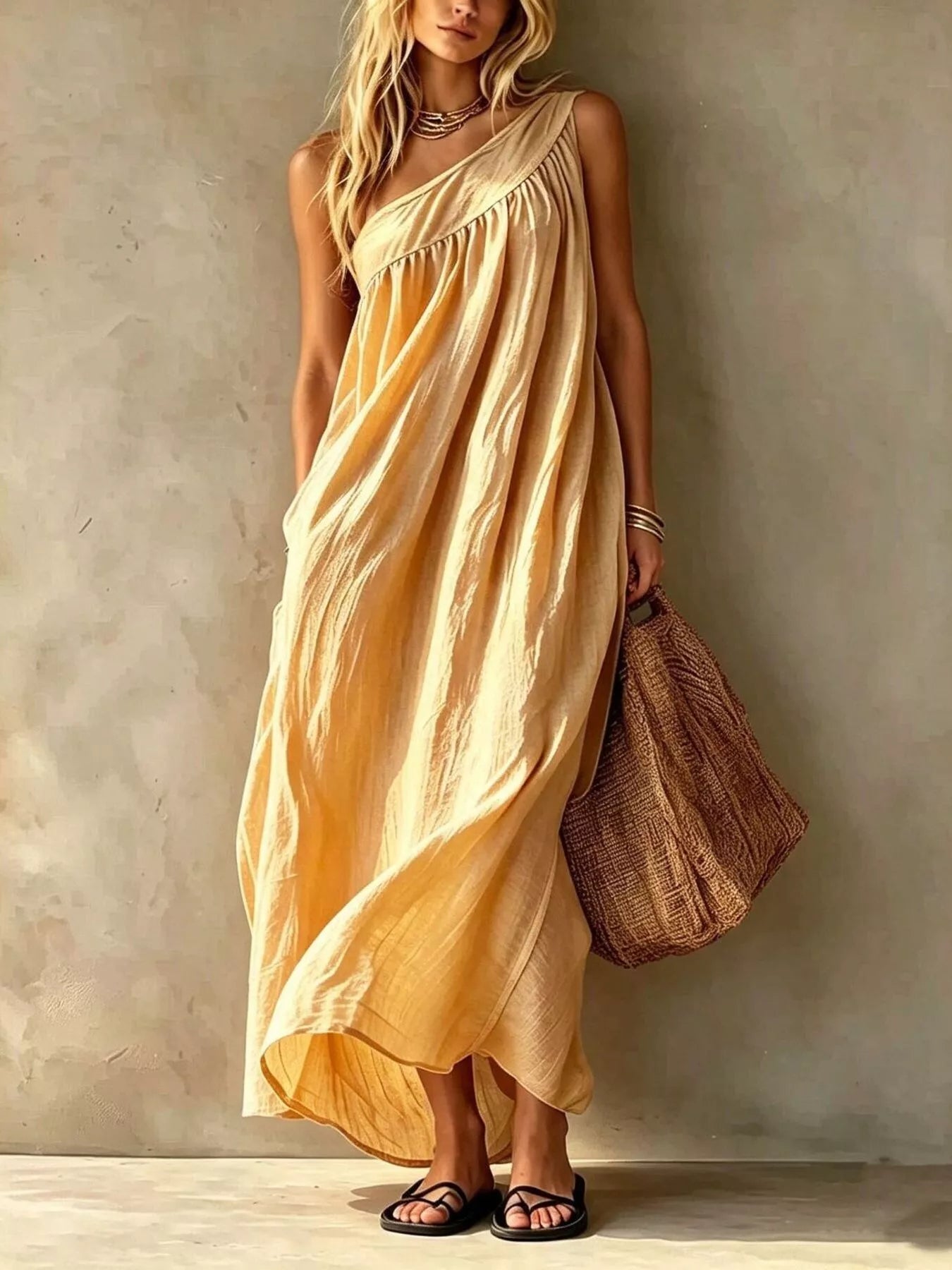 Full length front view of a pastel yellow one shoulder maxi dress on a model