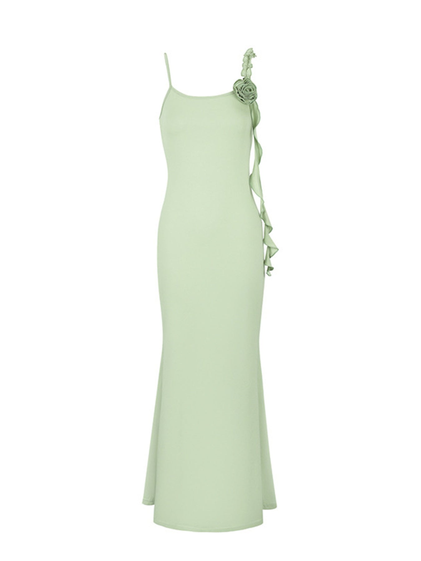 Flat front view of a light green floral bodycon mermaid maxi dress on a white background