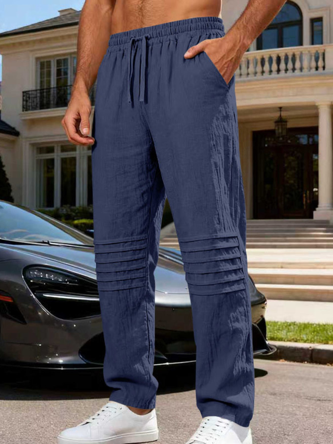 Men's casual drawstring pants with pockets.