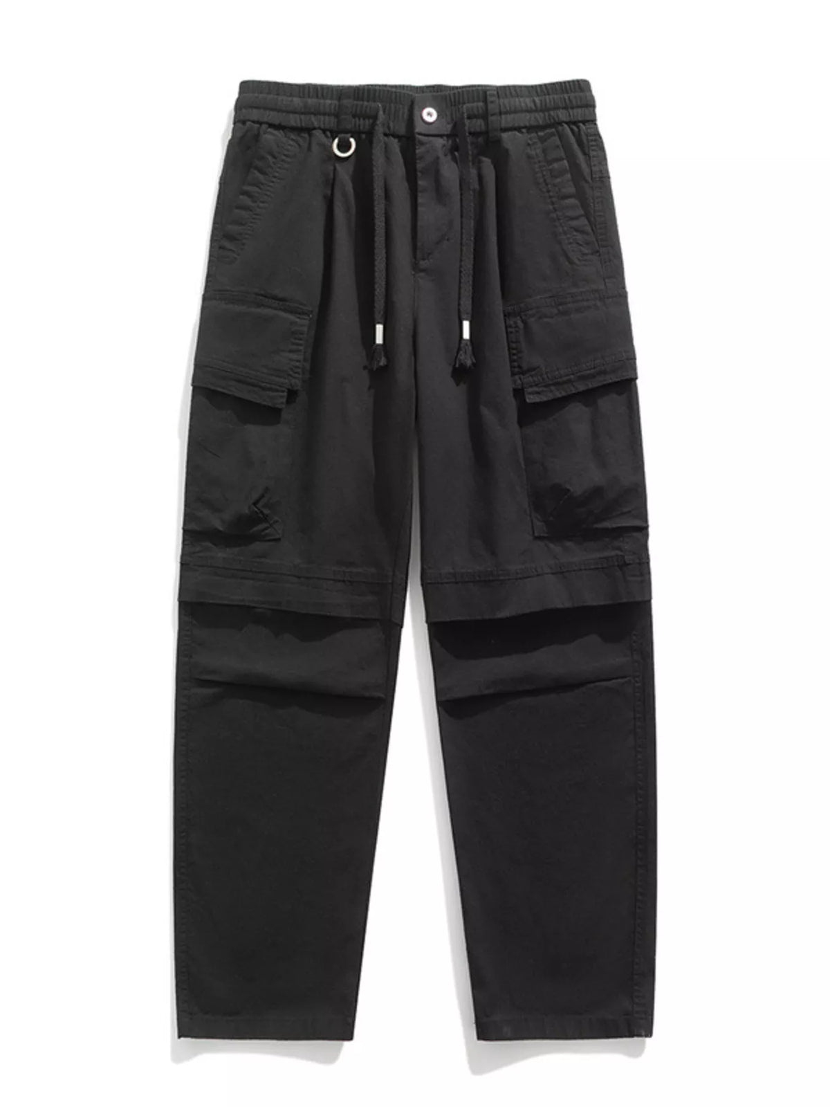 Men's relaxed fit cargo pants with a drawstring waist and pockets.