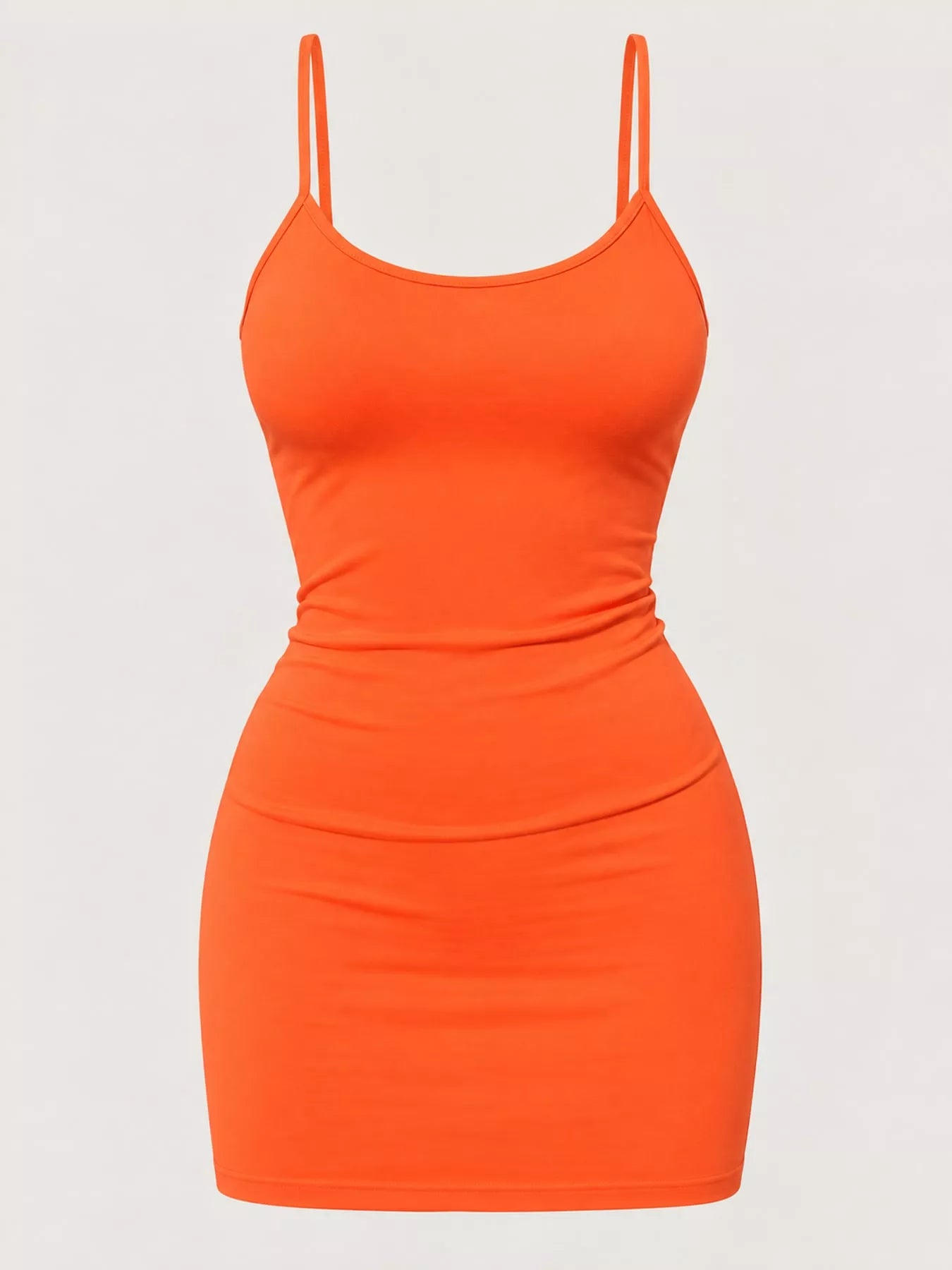 Orange scoop neck cami dress with thin straps, flat front view on plain background