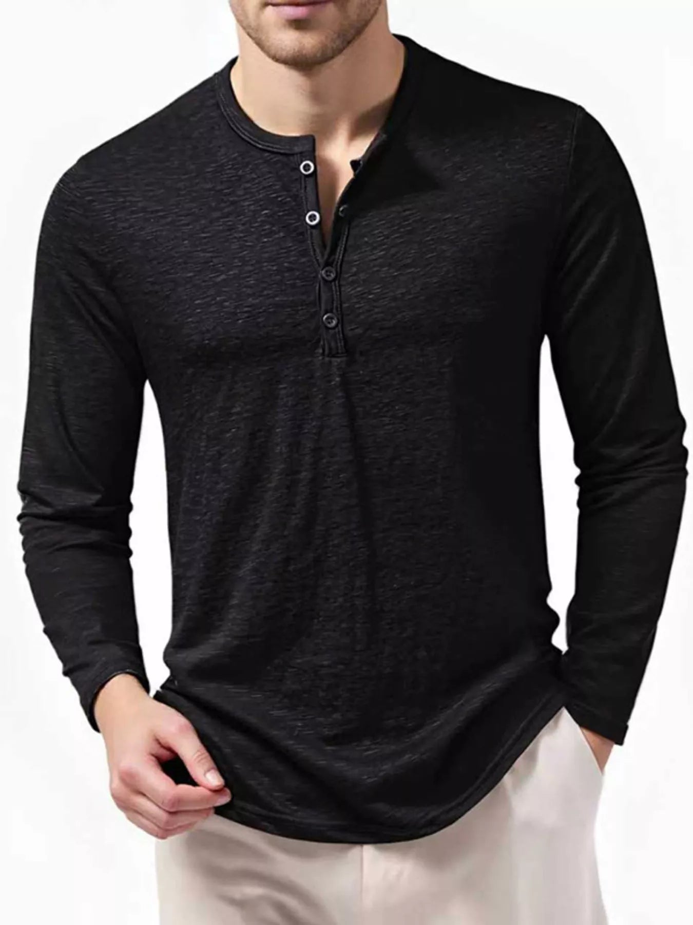 Men's long-sleeve Henley T-shirt with button detailing at the neckline.