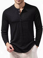 Men's long-sleeve Henley T-shirt with button detailing at the neckline.