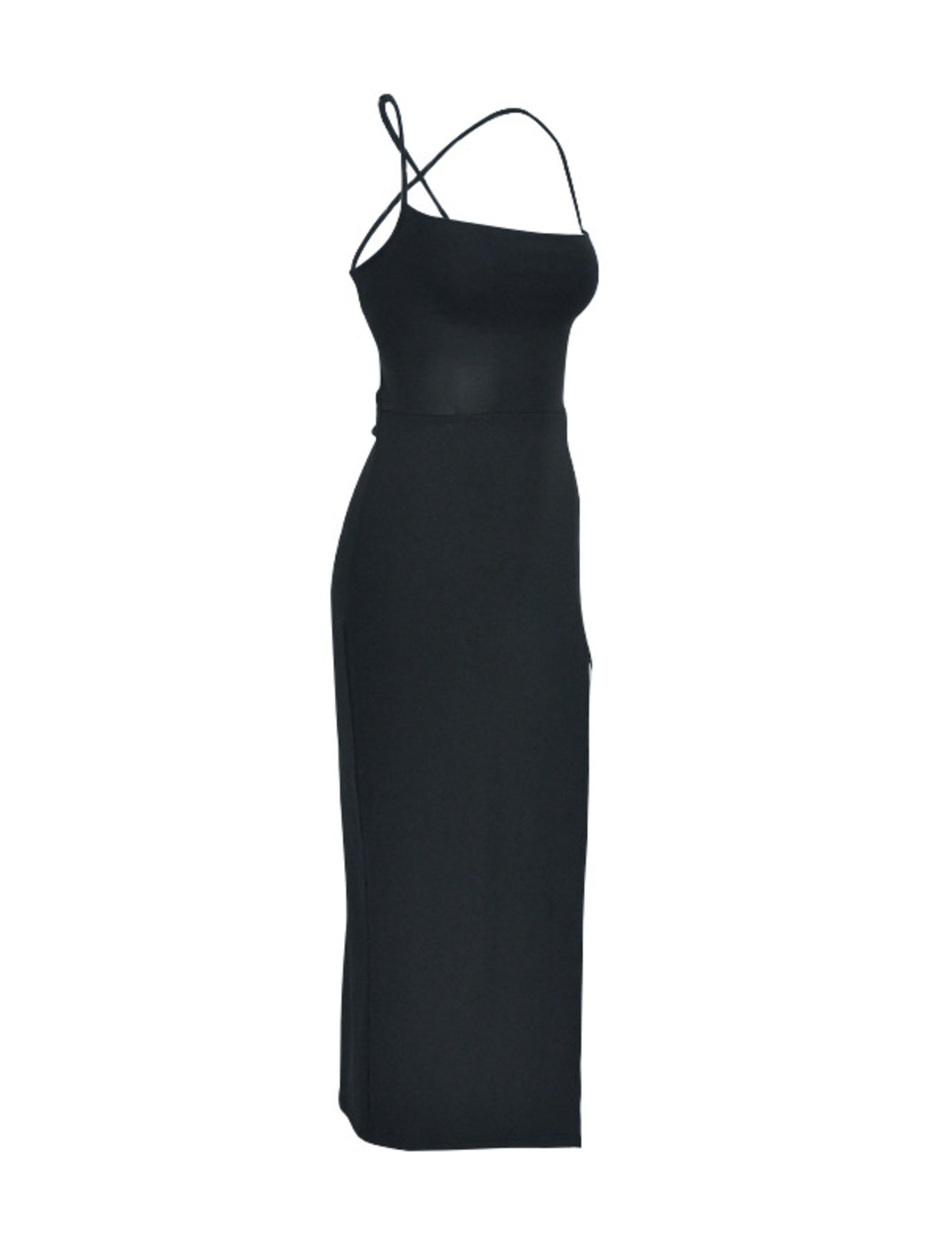 Black halter neck bodycon dress with high slit displayed flat in a side angle