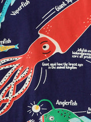 Close-up of red giant squid and green anglerfish print on dark navy children's t-shirt