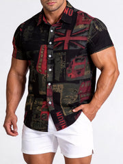 Men's printed button-up shirt with pockets and a plus-size range.