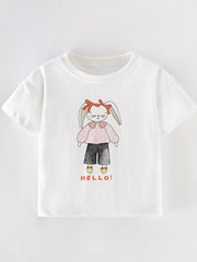 White children's short sleeve t-shirt with bunny in pink floral top and black pants, front flat view