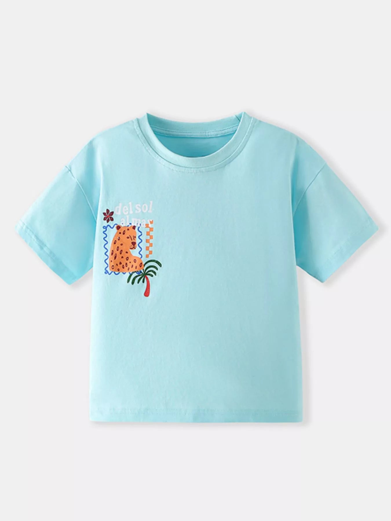 Mint blue children's short sleeve T-shirt with a small cartoon leopard and palm tree chest graphic