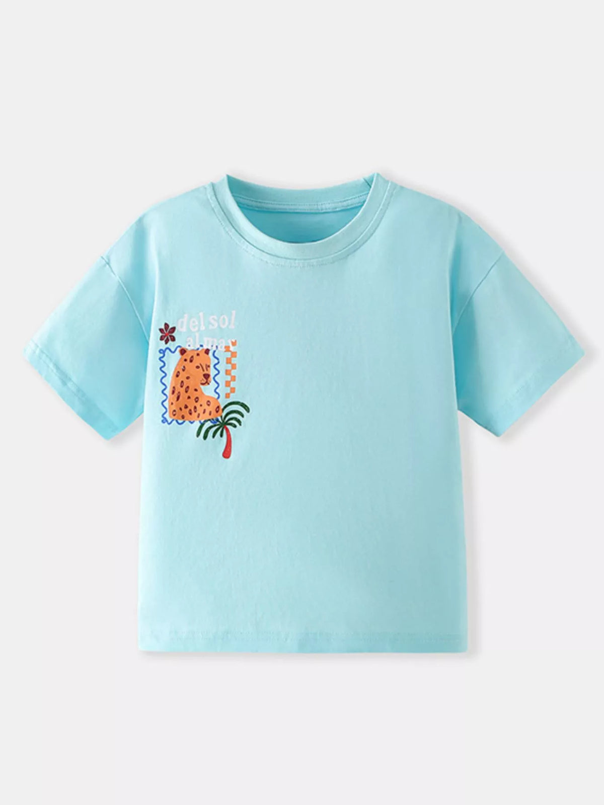 Mint blue children's short sleeve T-shirt with a small cartoon leopard and palm tree chest graphic