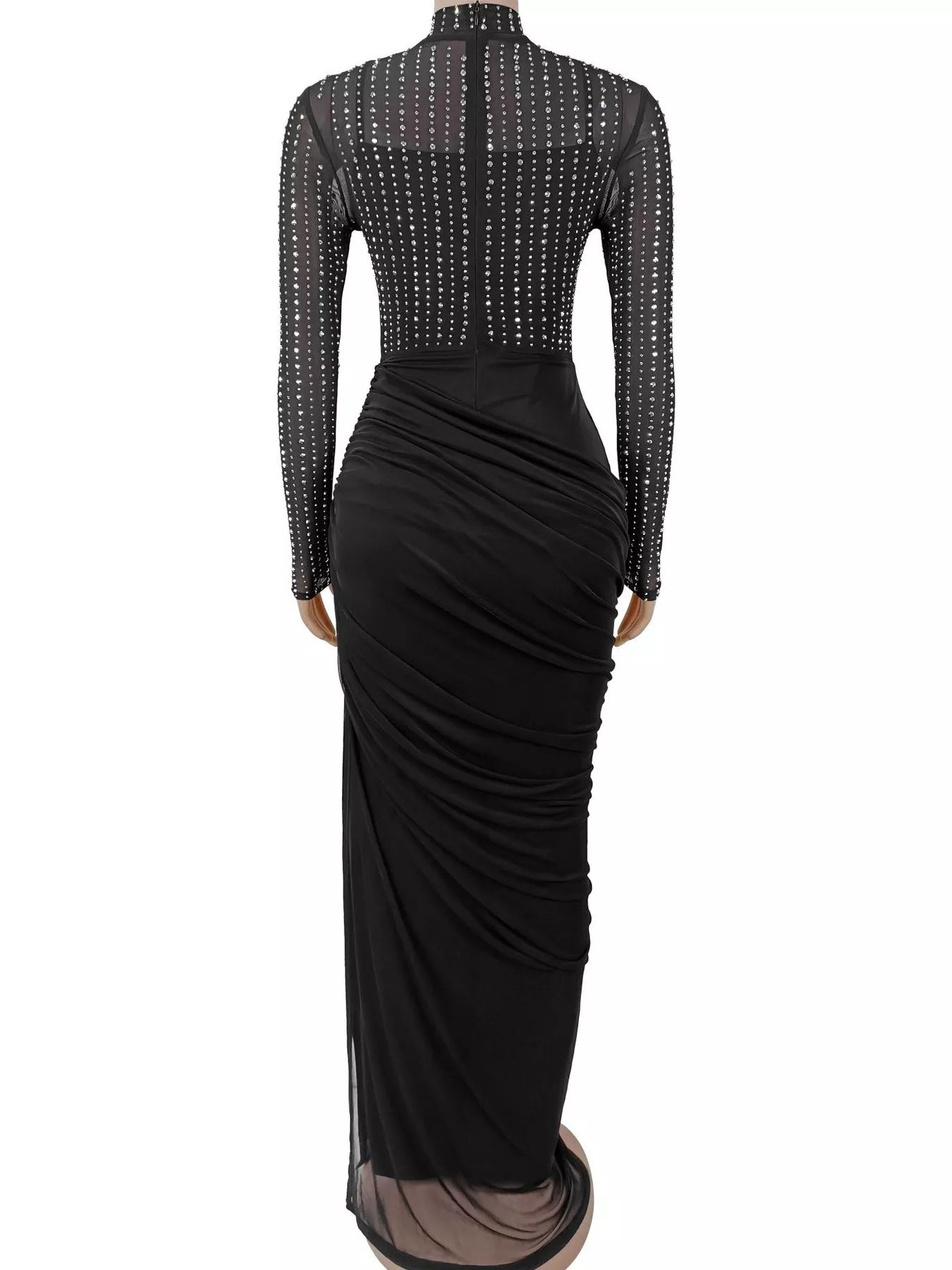 Black mock neck maxi dress with sheer rhinestone bodice and ruched skirt, back view on mannequin
