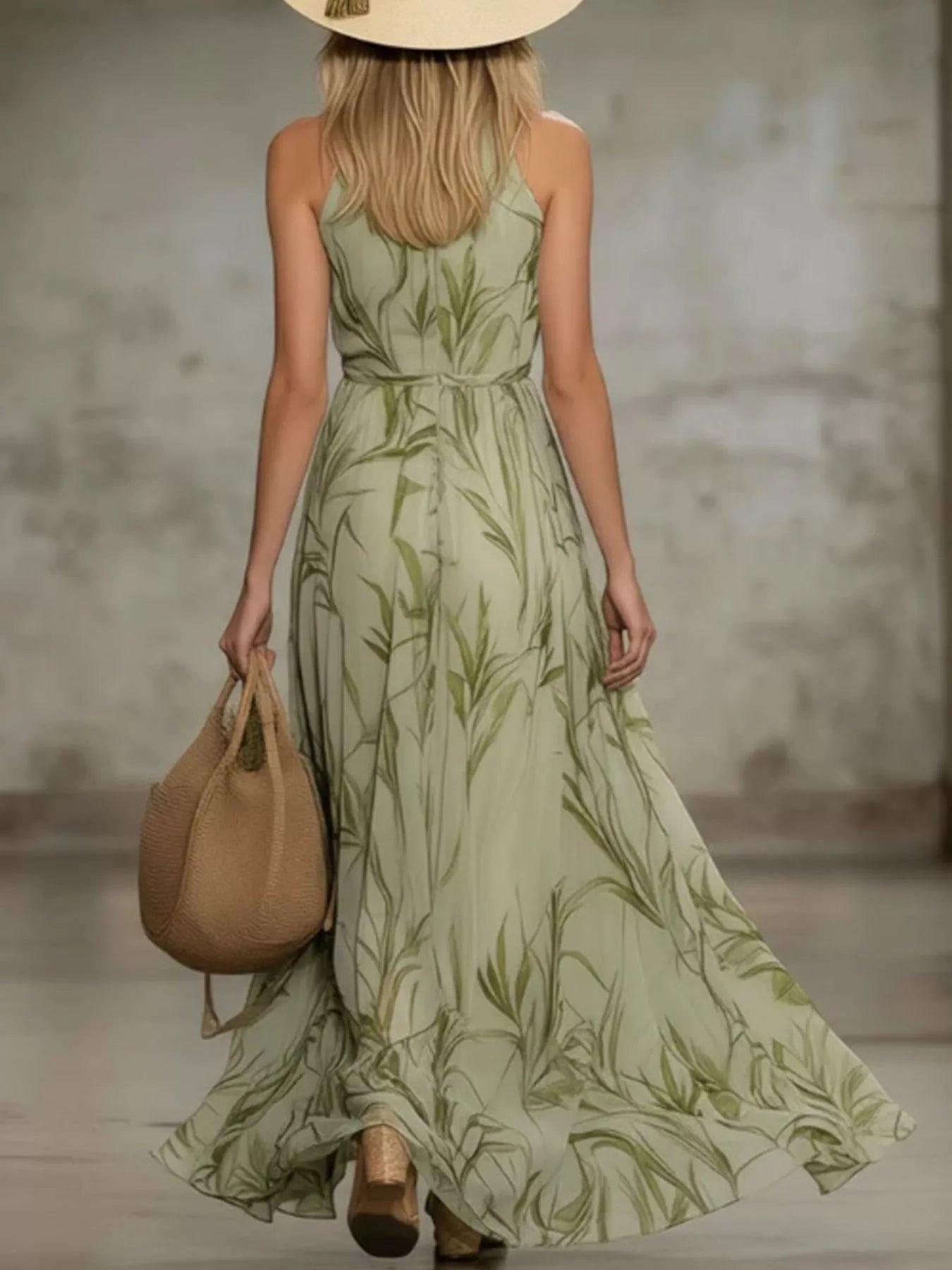 Back view of a matcha leaf print sleeveless chiffon maxi dress with a tied waist