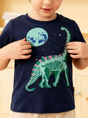 Children's navy blue crew-neck T-shirt featuring a dinosaur graphic.