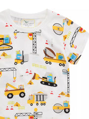 Close view of the crew neckline and upper construction print on a white children's t shirt