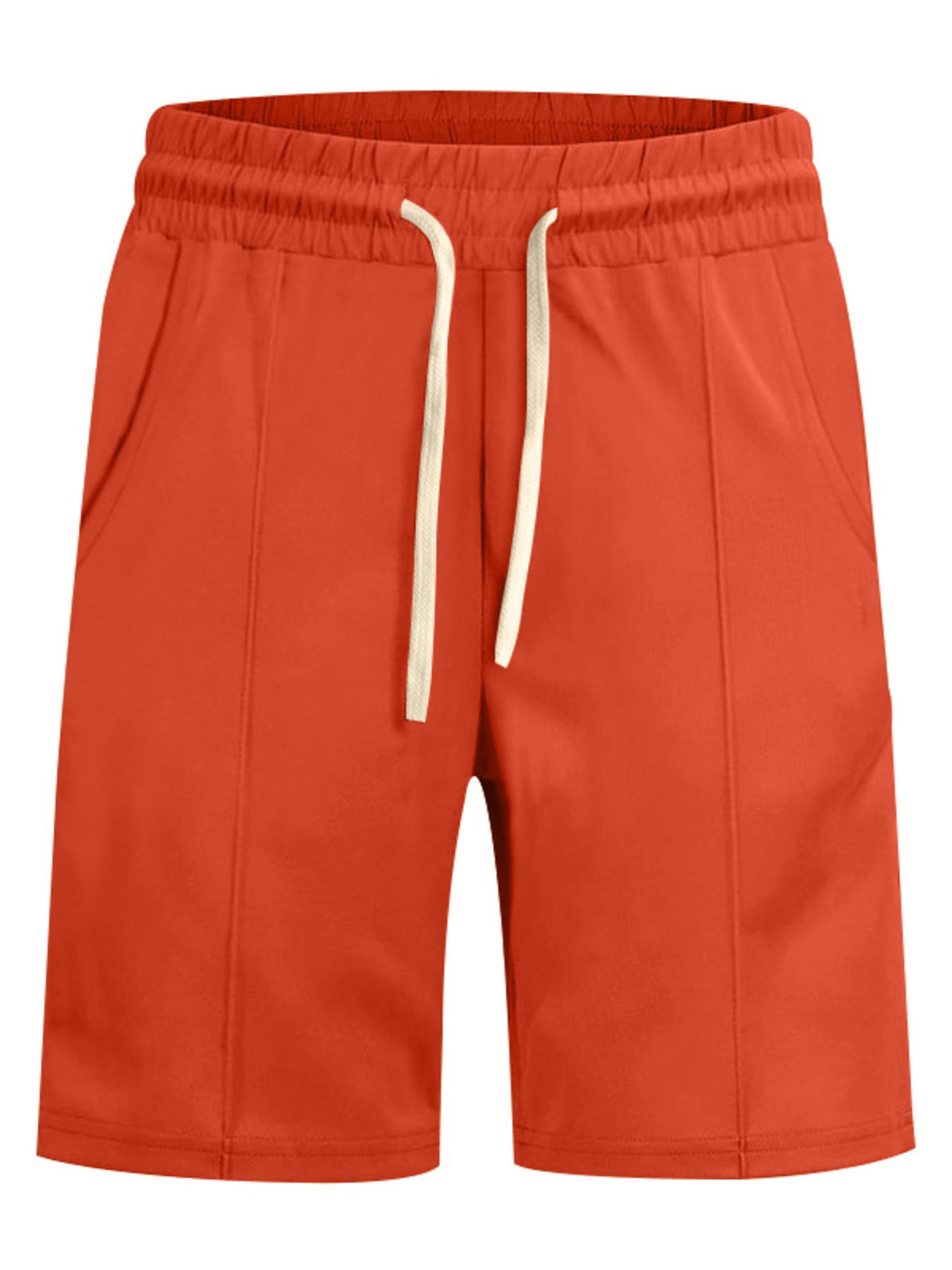 Men's orange red casual shorts with a drawstring waist and pockets.