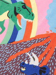 Close-up of the green dinosaur, rainbow, erupting volcano, and blue dinosaur print