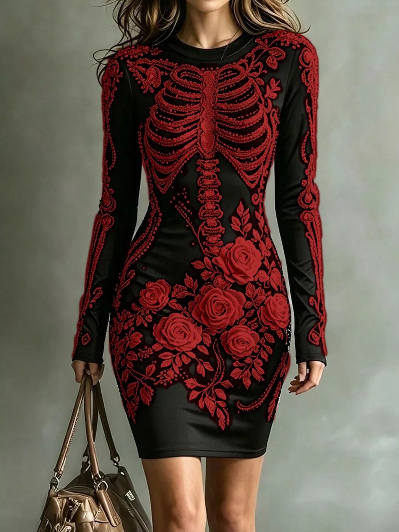Black long sleeve bodycon dress with dark red skeleton and rose print, front view