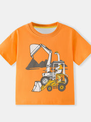 Orange children's short sleeve T-shirt with a cartoon dinosaur driving an excavator graphic, laid flat