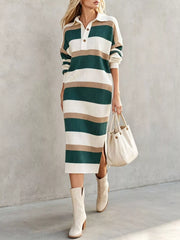 Front view of green striped polo collar long sleeve sweater dress with side slit