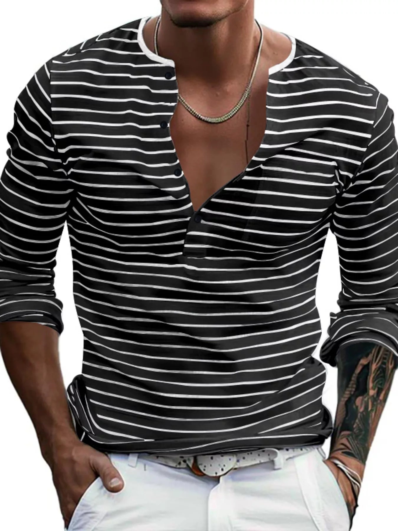 Men's striped long-sleeve T-shirt with button detailing and slightly stretchy cotton-blend fabric.