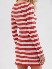 Red striped ribbed knit long sleeve sweater dress in a back view
