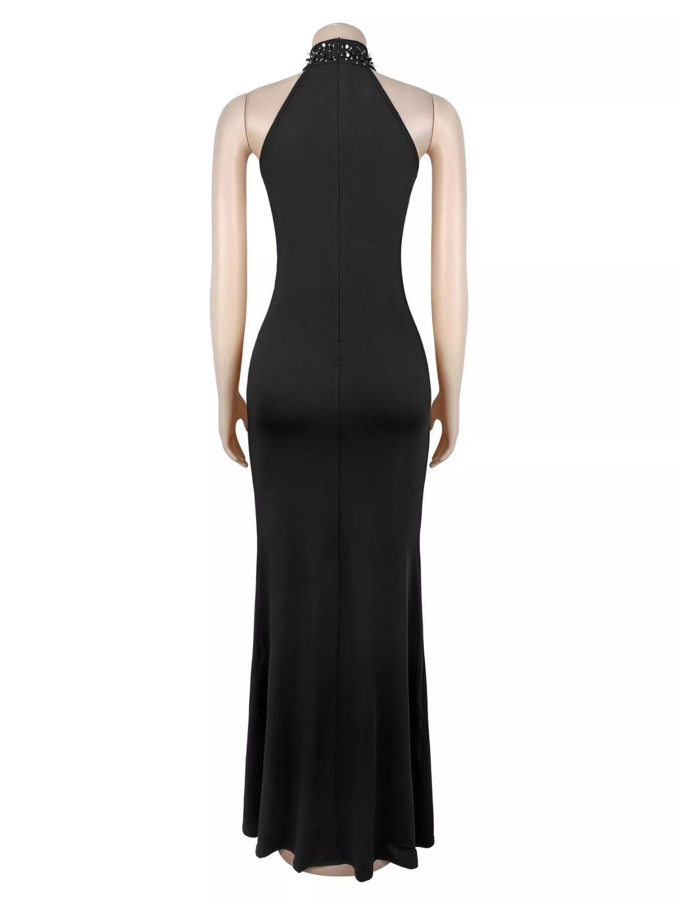 Back view of black sleeveless maxi dress on a mannequin with plain back and rhinestone collar