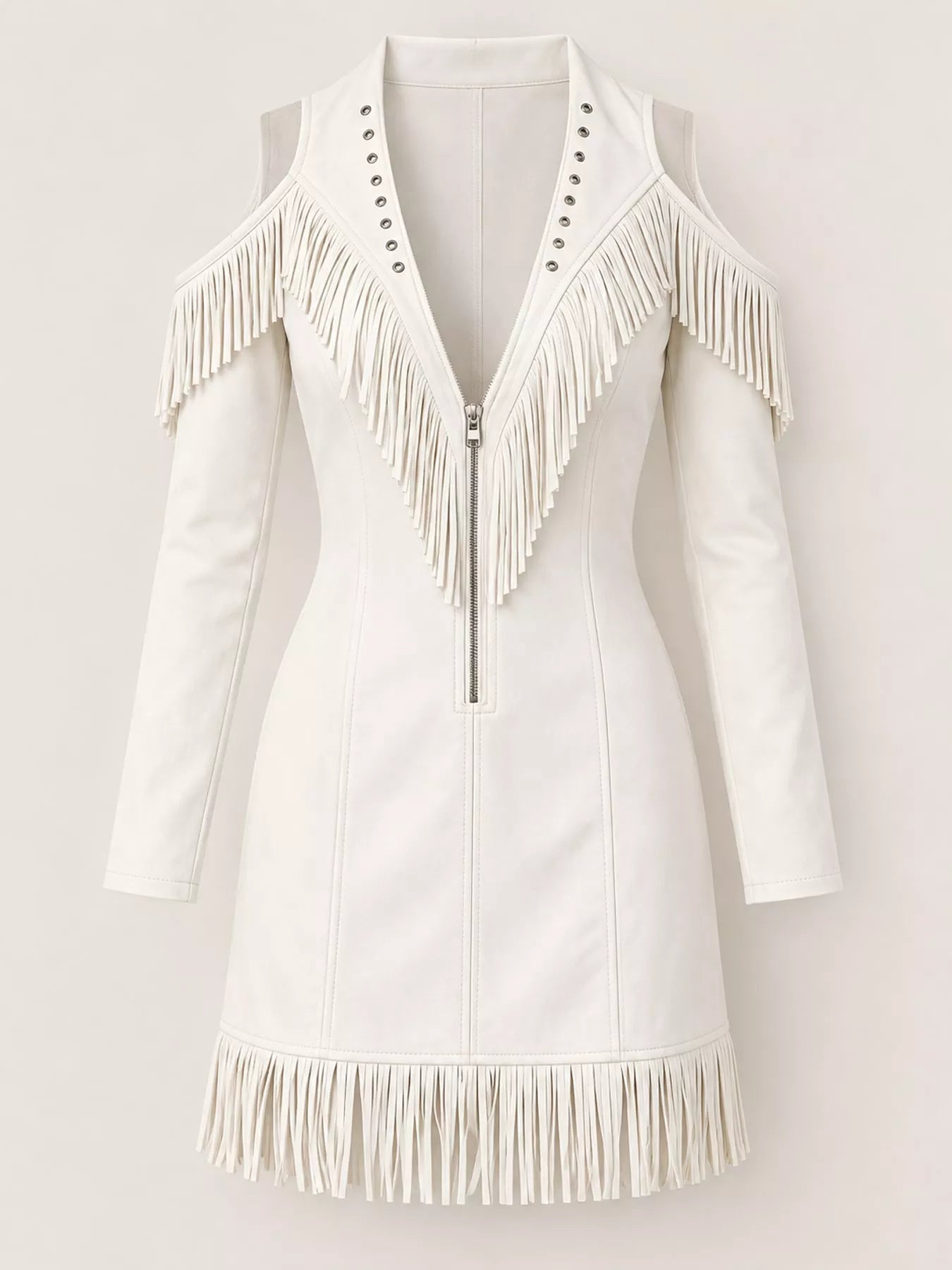 White fringed cold shoulder mini dress laid flat showing zip front and fringe