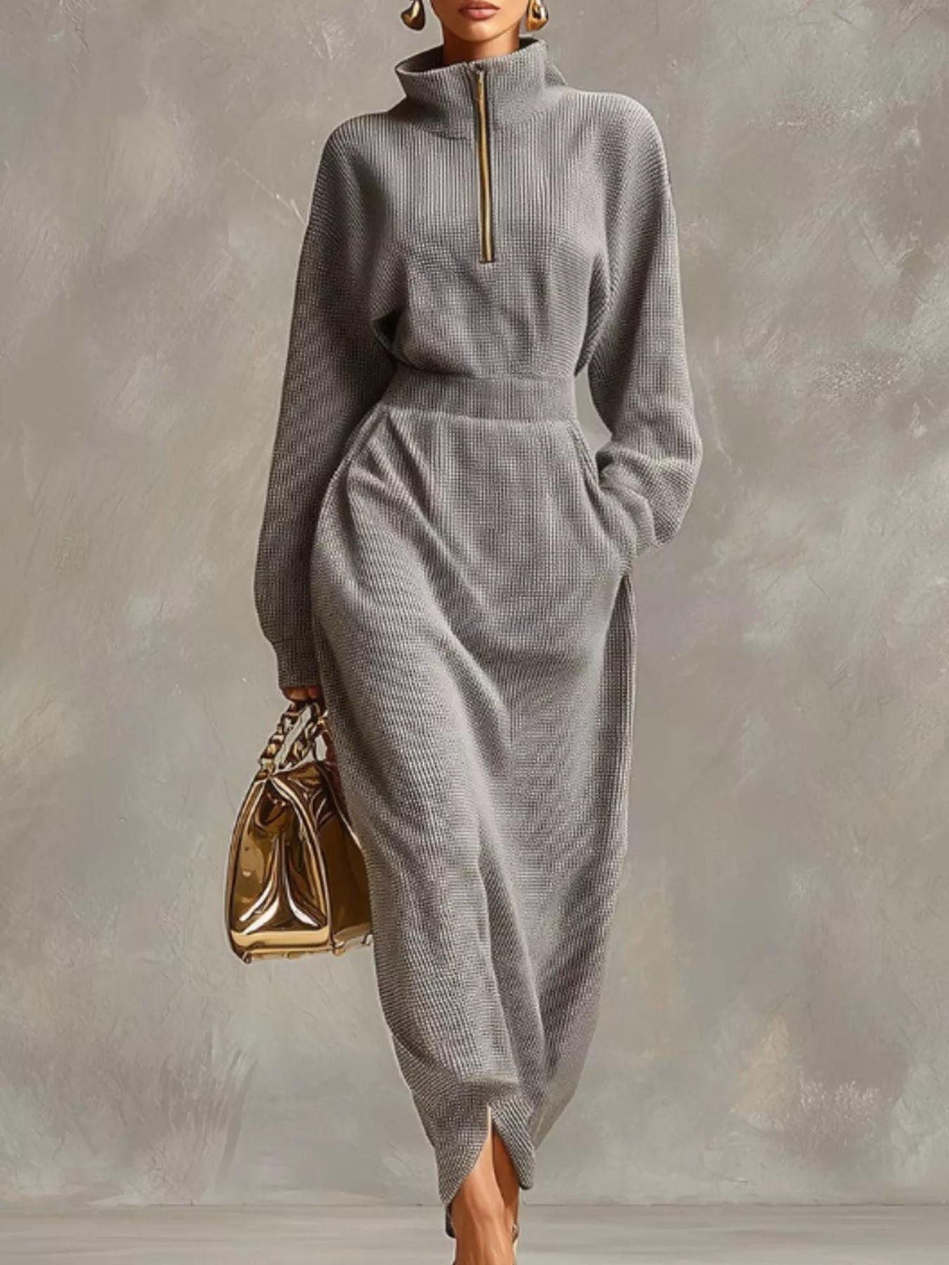 Front view of a grey waffle knit quarter zip midi dress with long sleeves and side slit