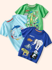 Flat lay view of three children's animal print t-shirts in green pastel blue and royal blue