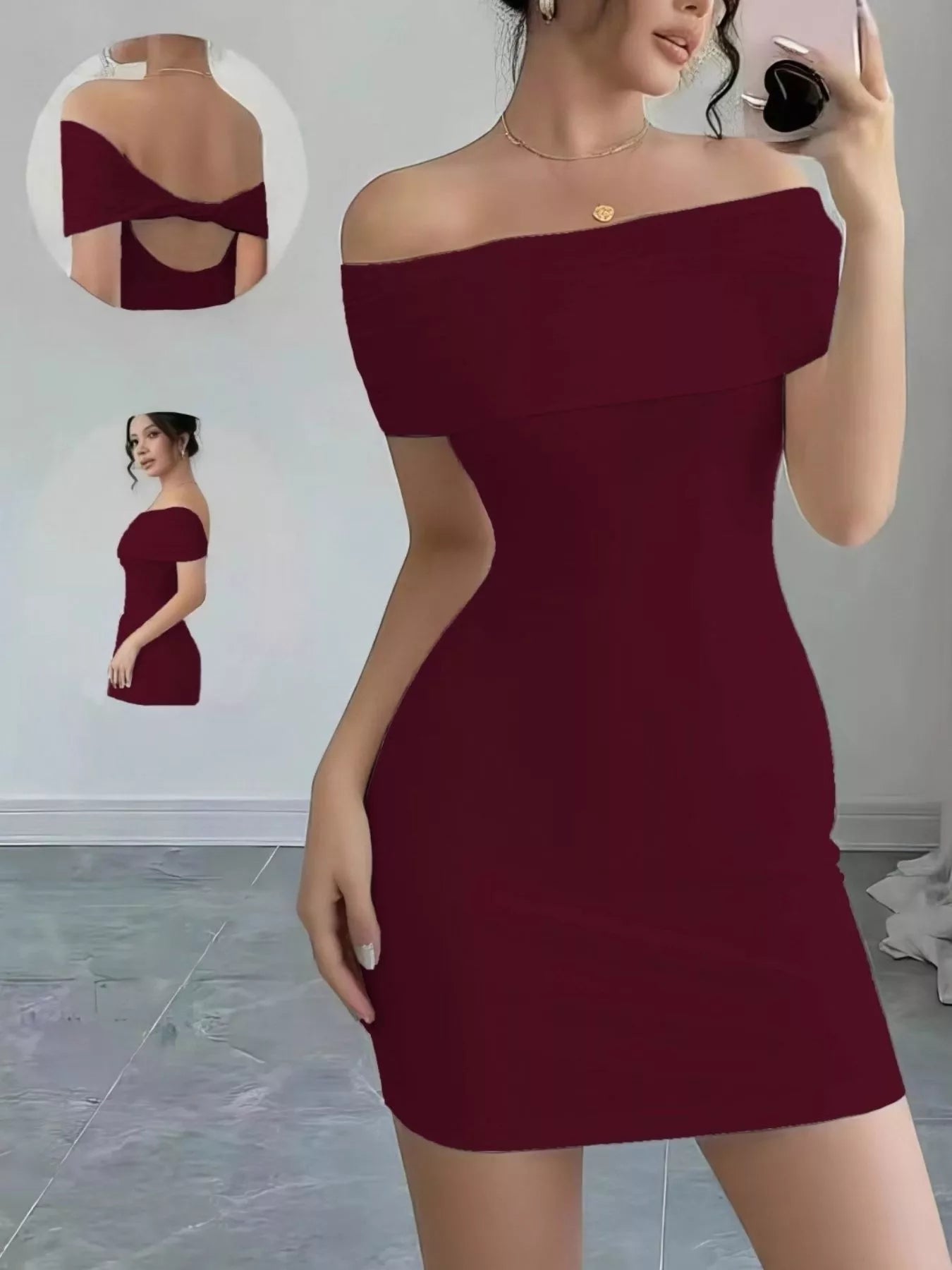 Burgundy off shoulder bodycon mini dress in front view with back and side insets