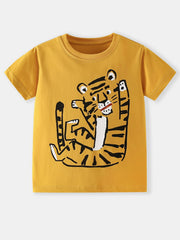 Flat lay front view of children's mustard t-shirt with large cartoon tiger graphic