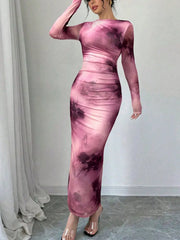 Pink tie dye long sleeve bodycon maxi dress shown in a three quarter front view