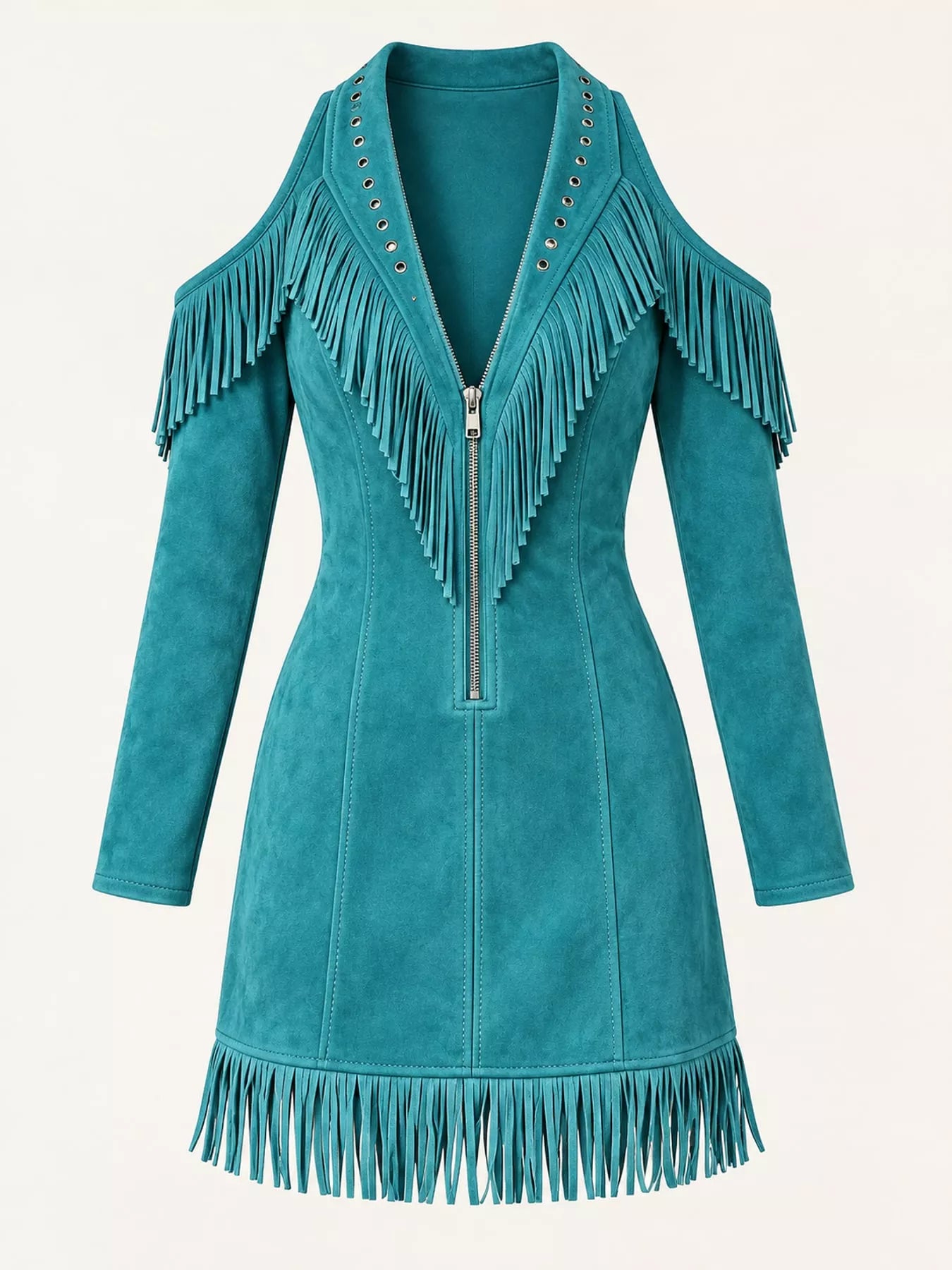 Blue fringed cold shoulder mini dress laid flat showing zip front and fringe