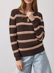 Front view of a brown striped ribbed knit top with a keyhole neckline