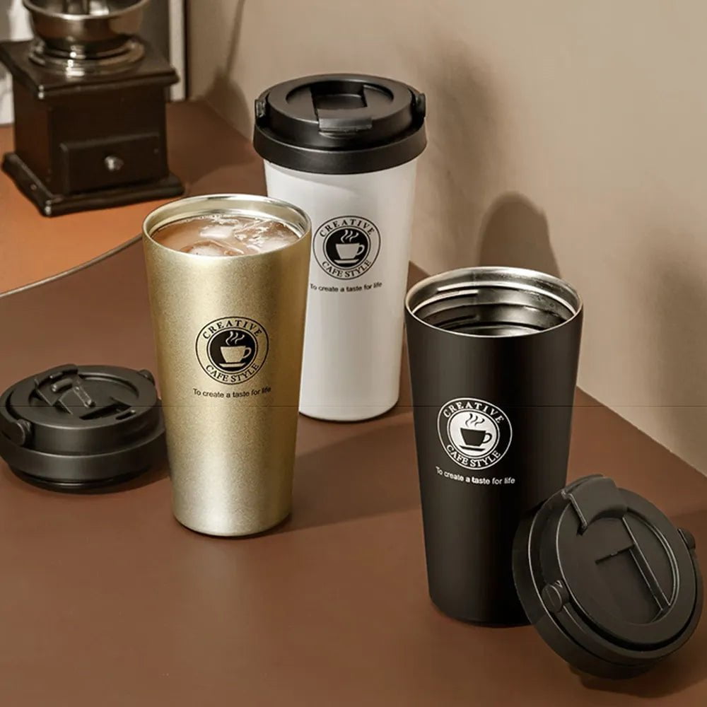 500ML Coffee Mug - Creative 304 Stainless Steel Travel Mug, Double Wall Vacuum Insulated Tumbler, Wide Mouth Tea Cup with Lid